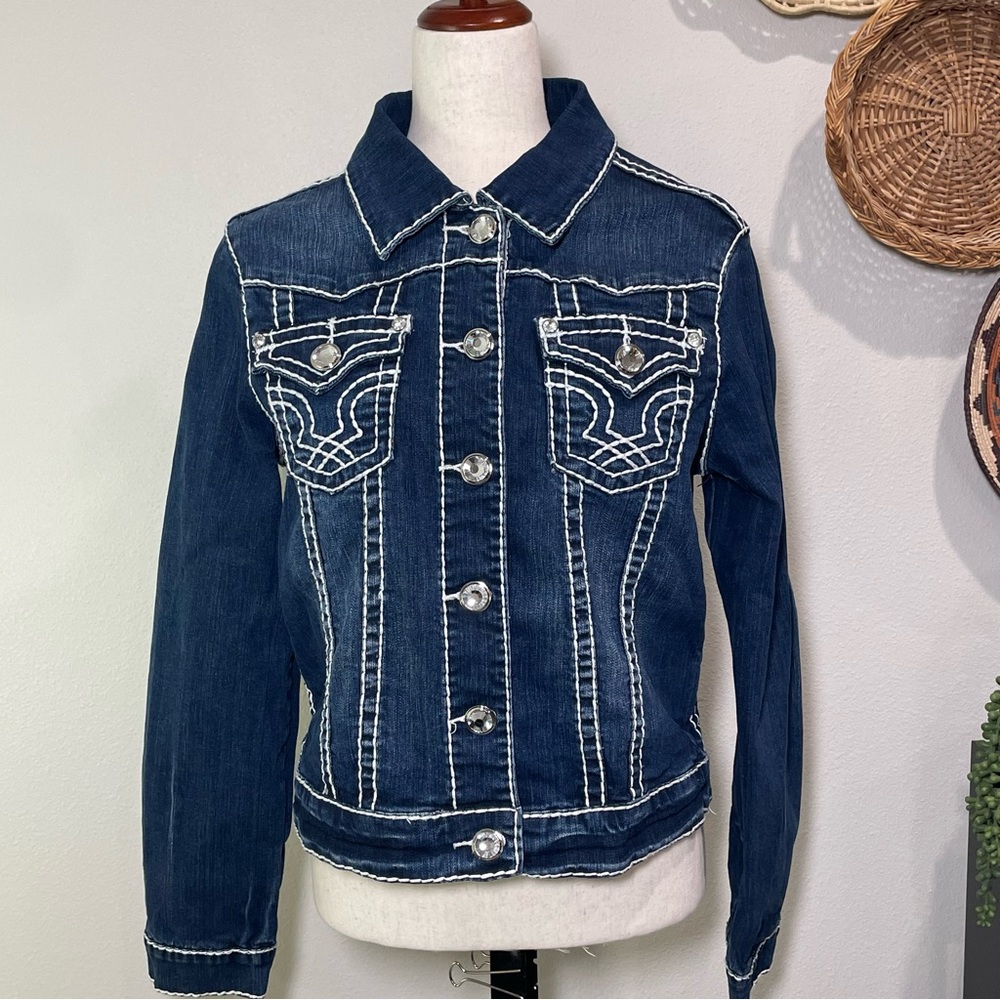 LA Idol Womens Denim Jacket Thick Stitch Rhinestone Size Large
